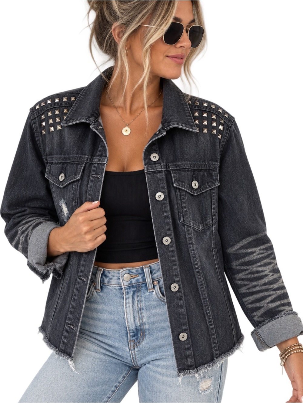 Arizona Jean Company Washed Black Stud-Shoulder Denim Jacket
